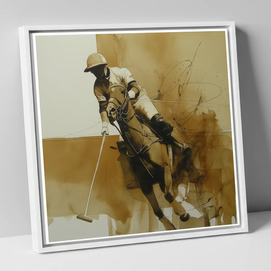 Sepia Polo Momentum polo horse canvas wall art in white frame