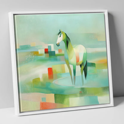 Geometric Coastal Equine beach horse canvas wall art in white frame