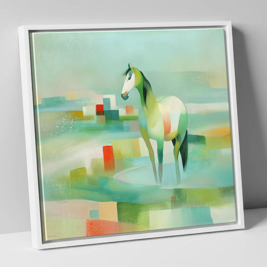 Geometric Coastal Equine beach horse canvas wall art in white frame