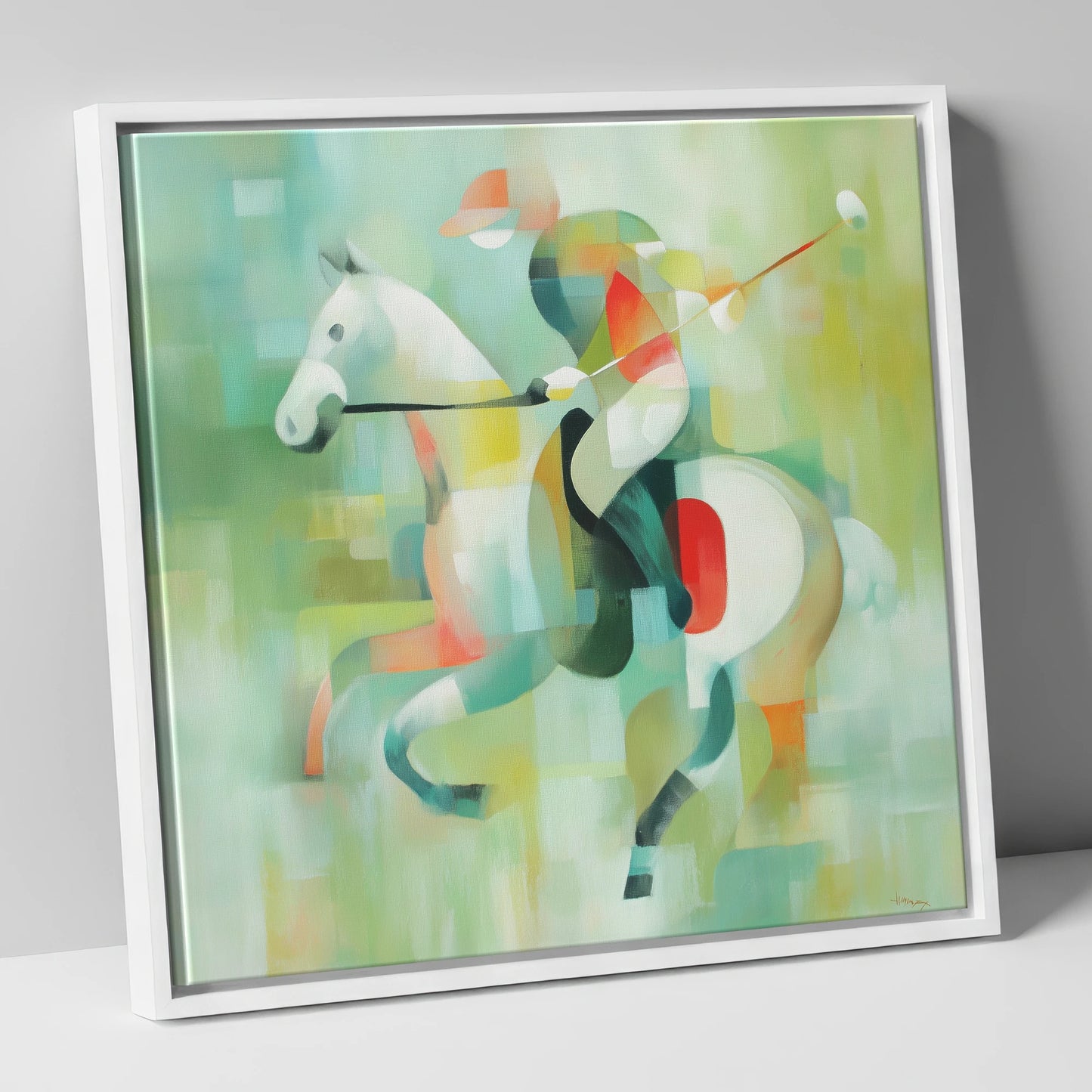 Abstract Polo Canter polo horse canvas wall art in white frame