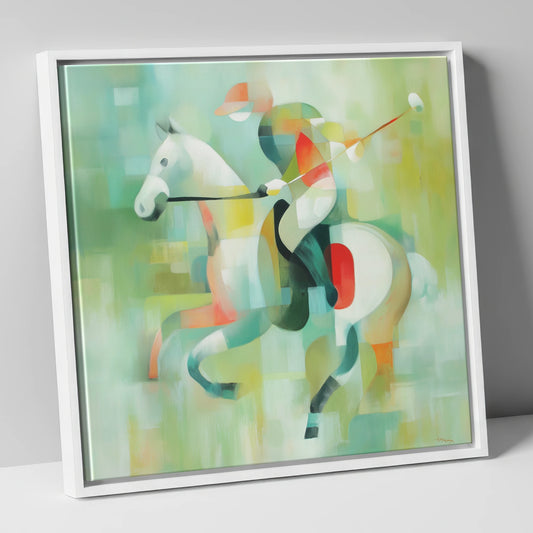 Abstract Polo Canter polo horse canvas wall art in white frame