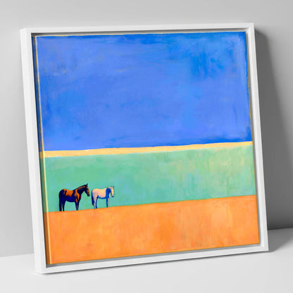 Sunlit Plain horse landscape canvas wall art in white frame