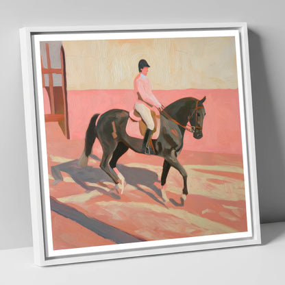 Dusty Pink Shadows dressage horse canvas wall art in white frame