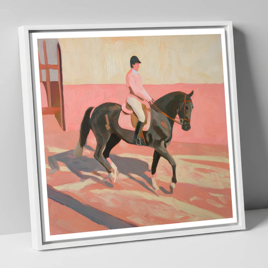 Dusty Pink Shadows dressage horse canvas wall art in white frame