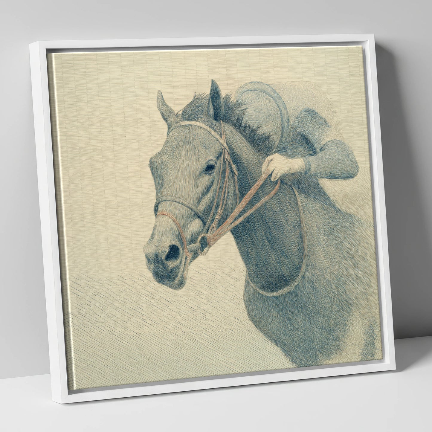 Quiet Precision racing horse canvas wall art in white frame