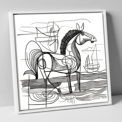 Abstract Coastal Equine beach horse canvas wall art in white frame