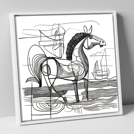 Abstract Coastal Equine beach horse canvas wall art in white frame