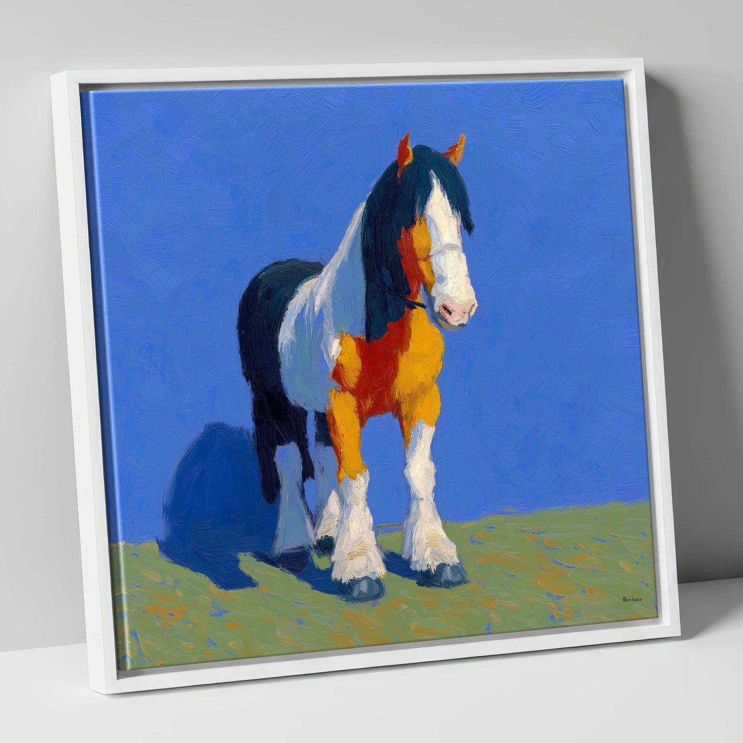 Sunlit Coloured Cob horse breed canvas wall art in white frame