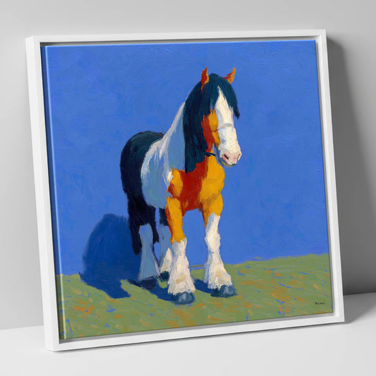 Sunlit Coloured Cob horse breed canvas wall art in white frame