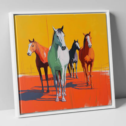 Vibrant Sunlit Herd wild horses canvas wall art in white frame