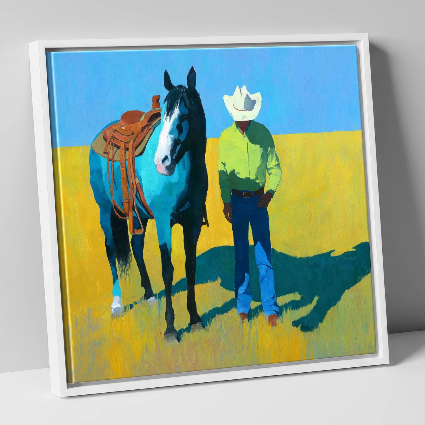 Vibrant High Plains Companion western horse canvas wall art in white frame
