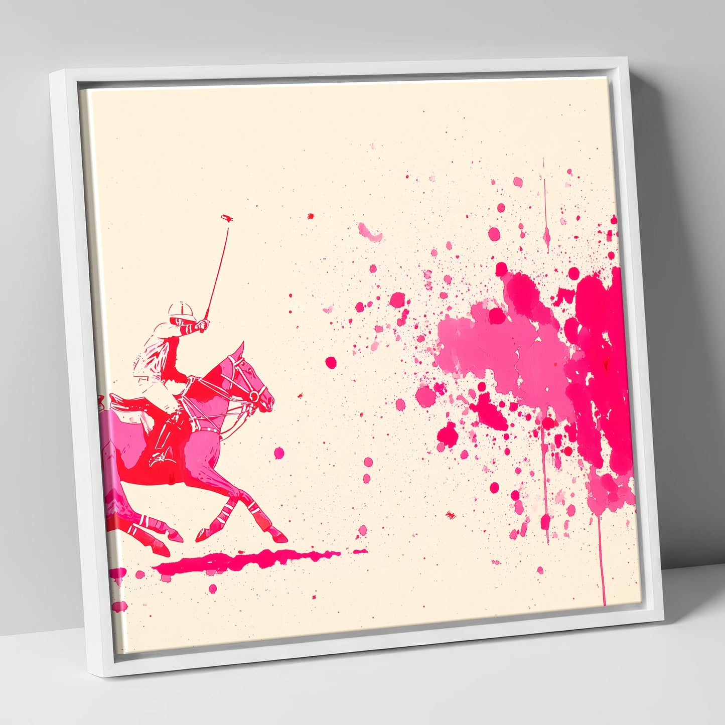 Magenta Polo Strike polo horse canvas wall art in white frame