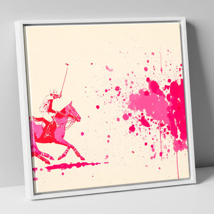 Magenta Polo Strike polo horse canvas wall art in white frame