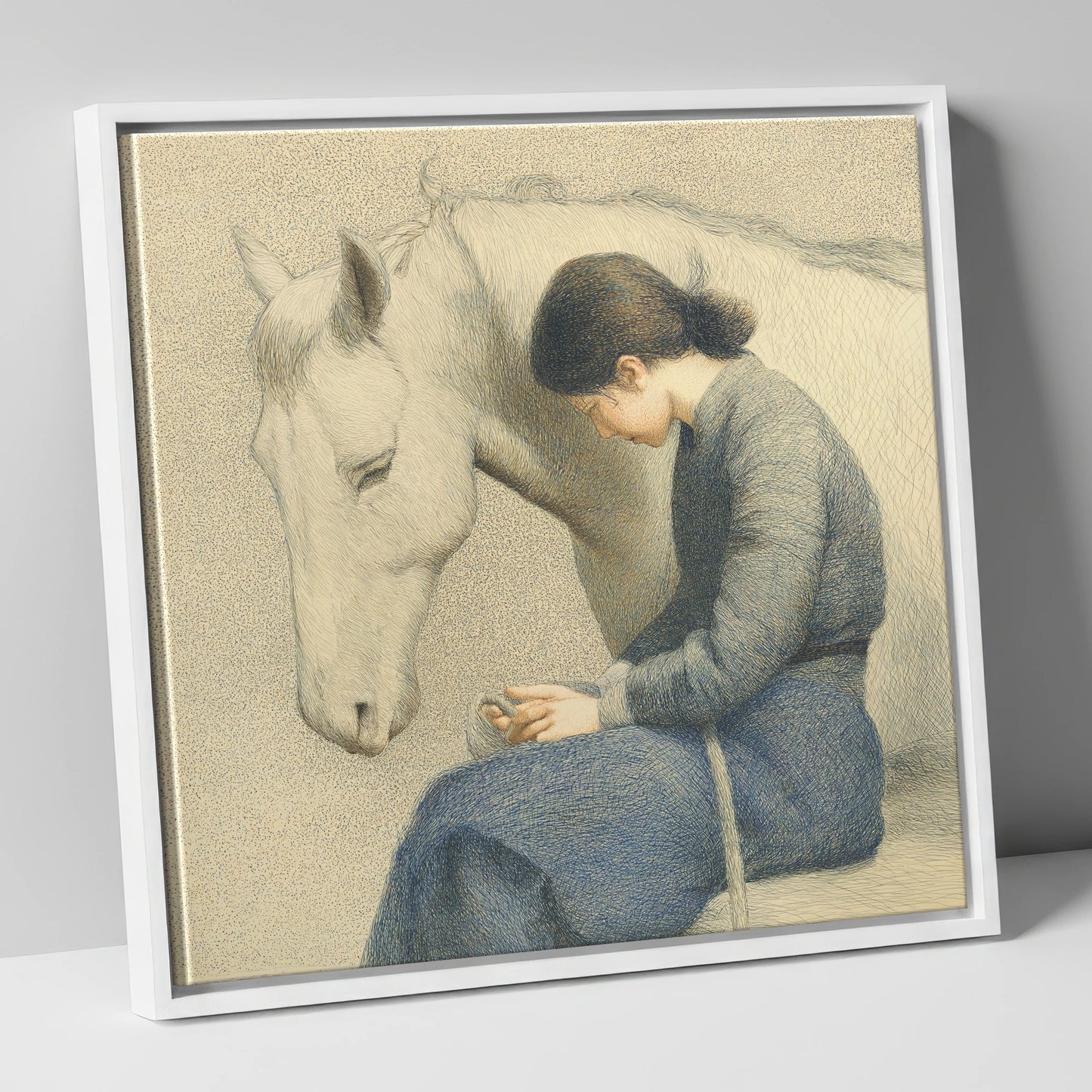 Solace in Stillness horse & rider canvas wall art in white frame