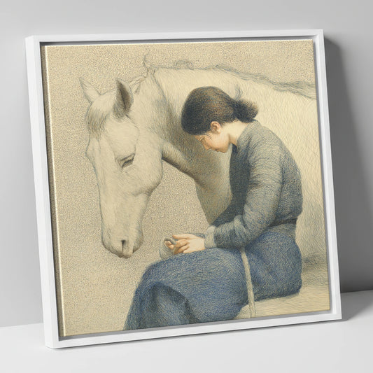 Solace in Stillness horse & rider canvas wall art in white frame