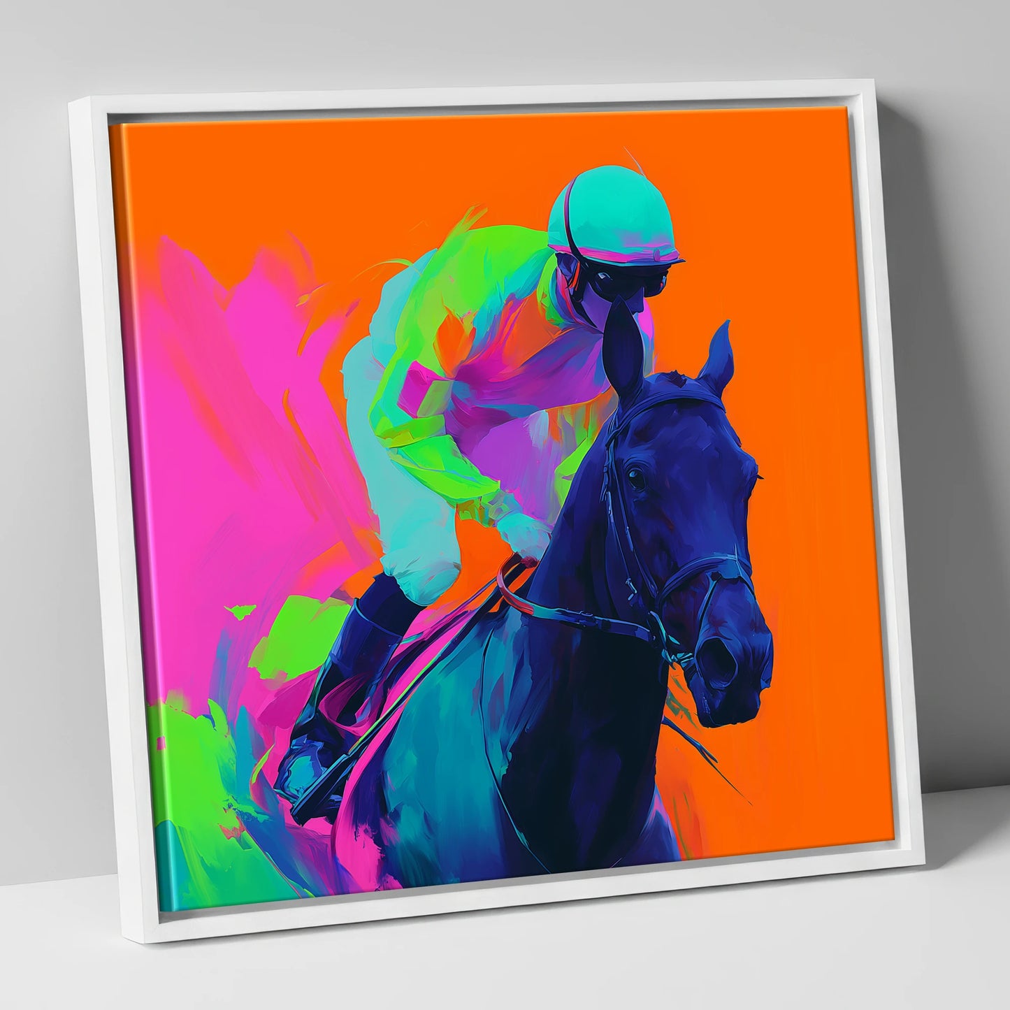 Velocity in Colour racing horse canvas wall art in white frame