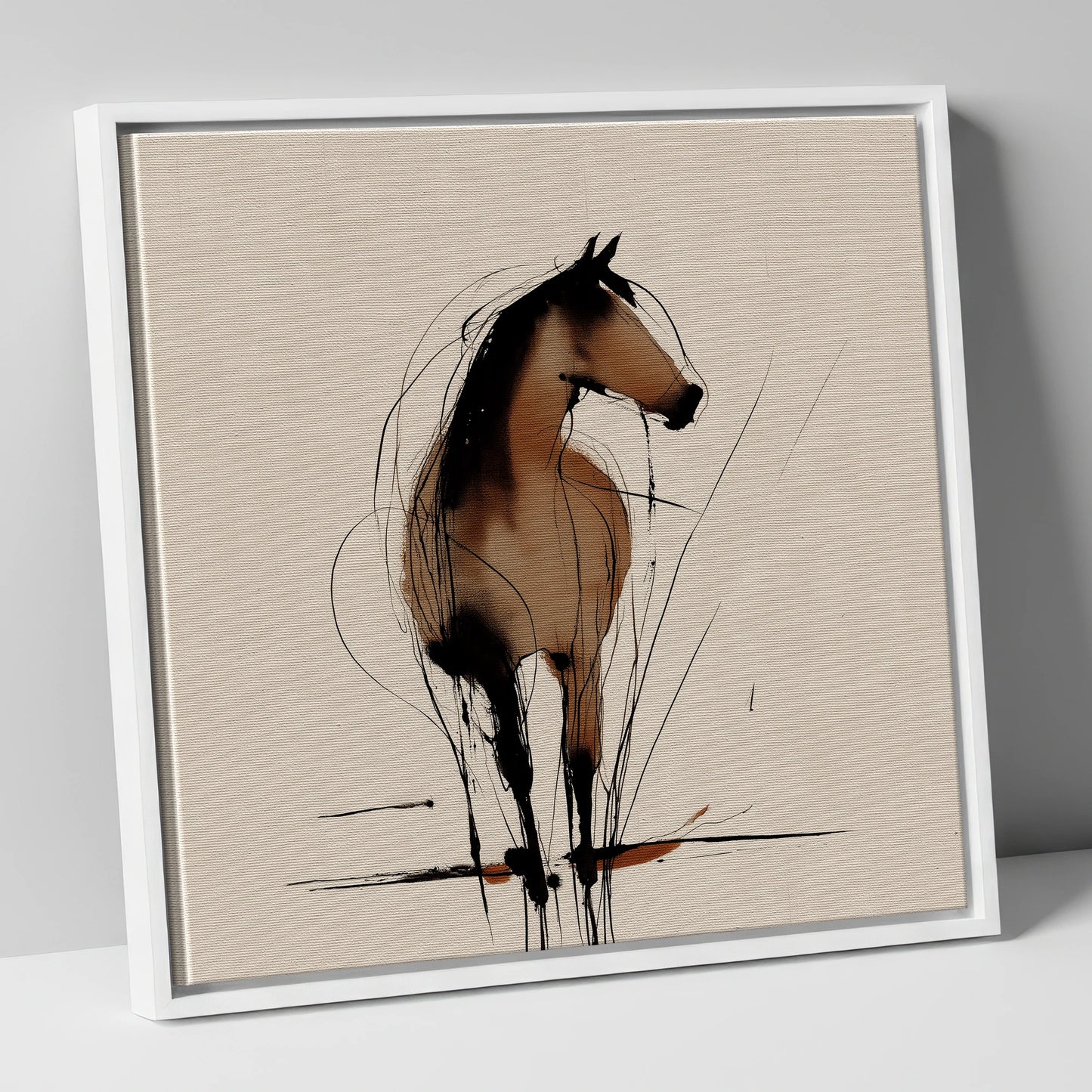 Gestural Sepia Equine horse portrait canvas wall art in white frame