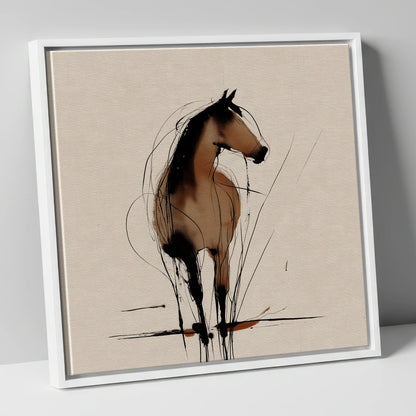Gestural Sepia Equine horse portrait canvas wall art in white frame
