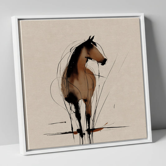 Gestural Sepia Equine horse portrait canvas wall art in white frame