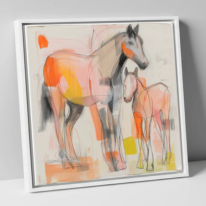 Radiant Beginnings mare & foal canvas wall art in white frame