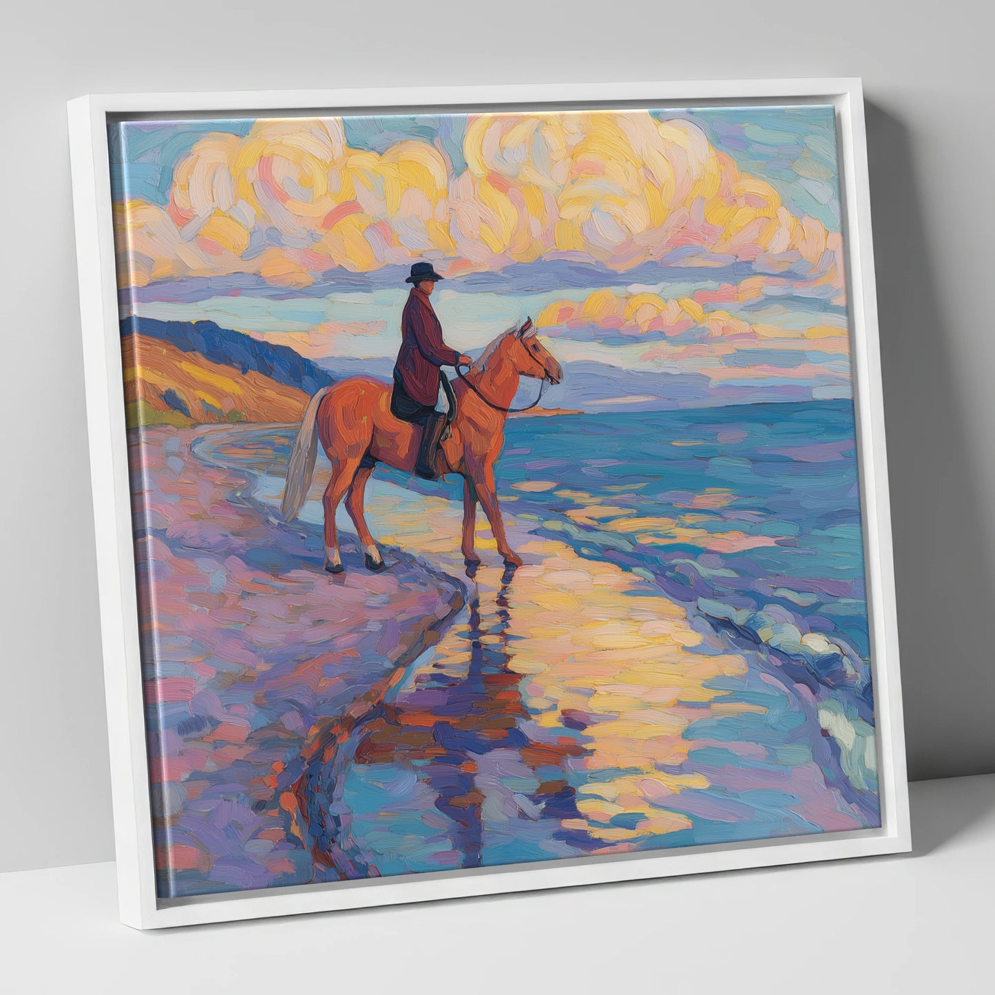 Sunset Coastal Reflections beach horse canvas wall art in white frame