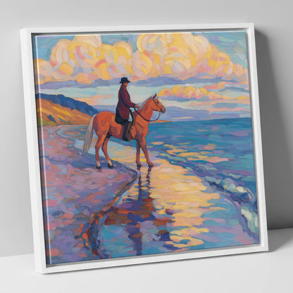Sunset Coastal Reflections beach horse canvas wall art in white frame