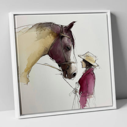 The Silent Dialogue horse & rider canvas wall art in white frame