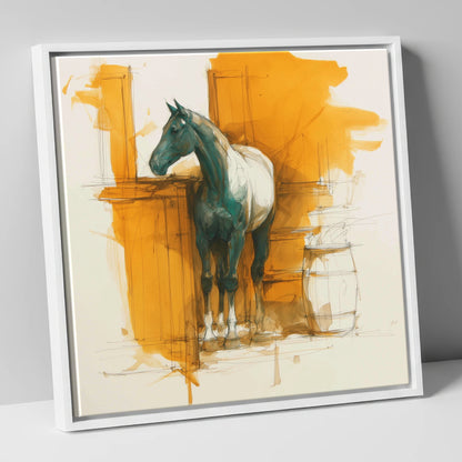 Amber Yard Silhouette horse stable canvas wall art in white frame