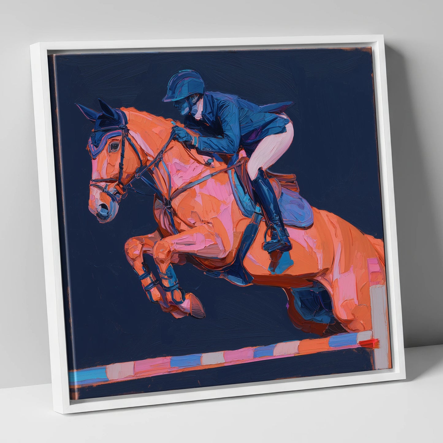 Vivid Flight show jumping horse canvas wall art in white frame