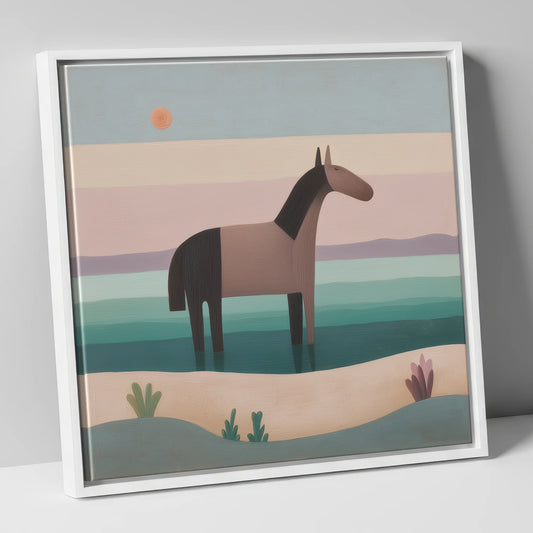 Stillness in the Shallows beach horse canvas wall art in white frame