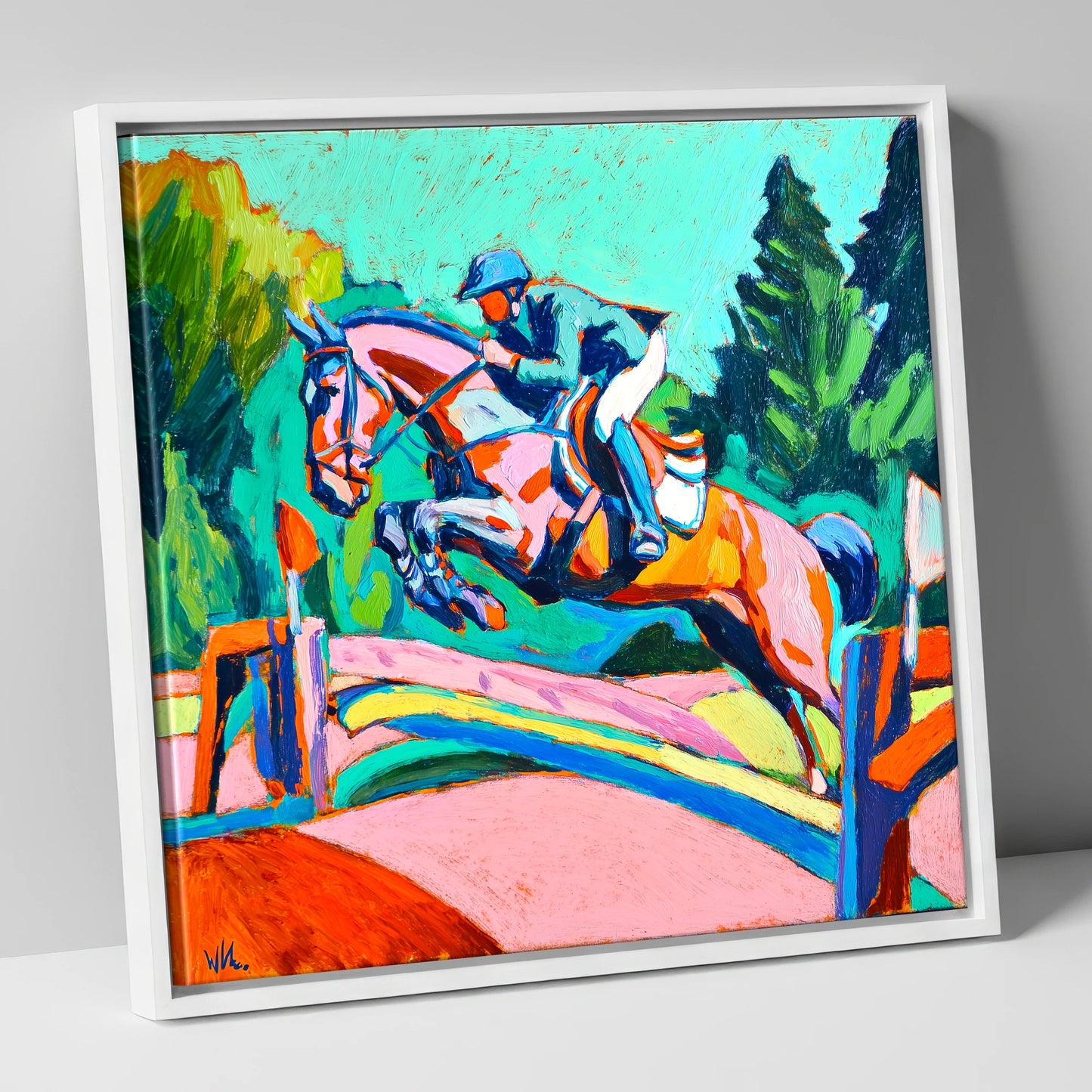 Technicolour Flight show jumping horse canvas wall art in white frame