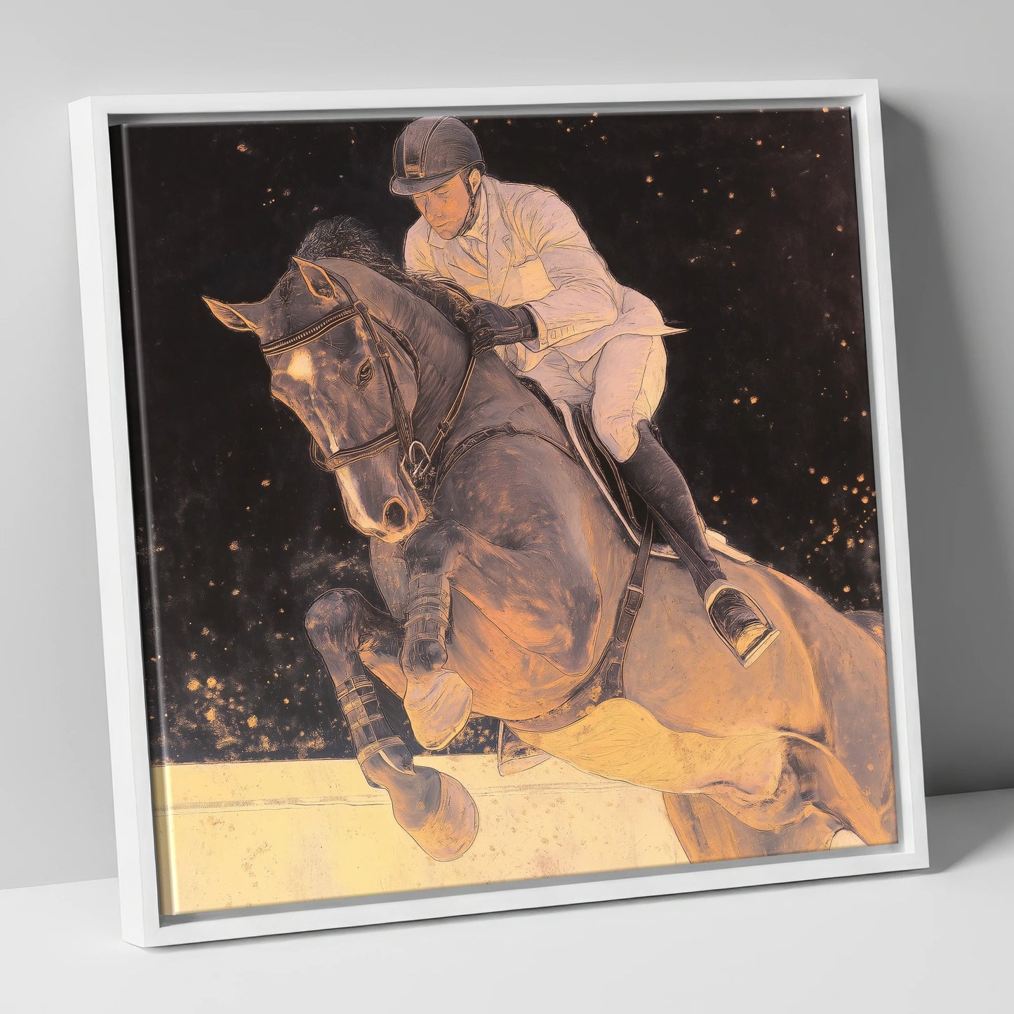 Stardust Showjumper show jumping horse canvas wall art in white frame