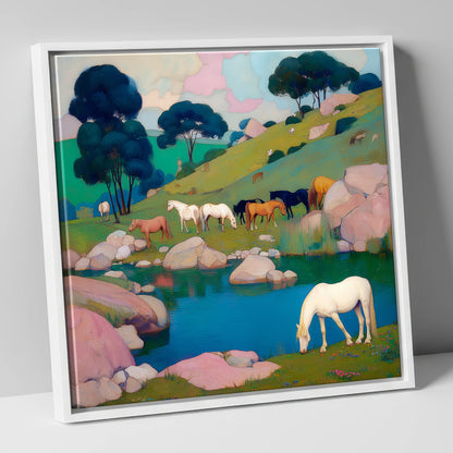 The Pastel Pasture horse landscape canvas wall art in white frame