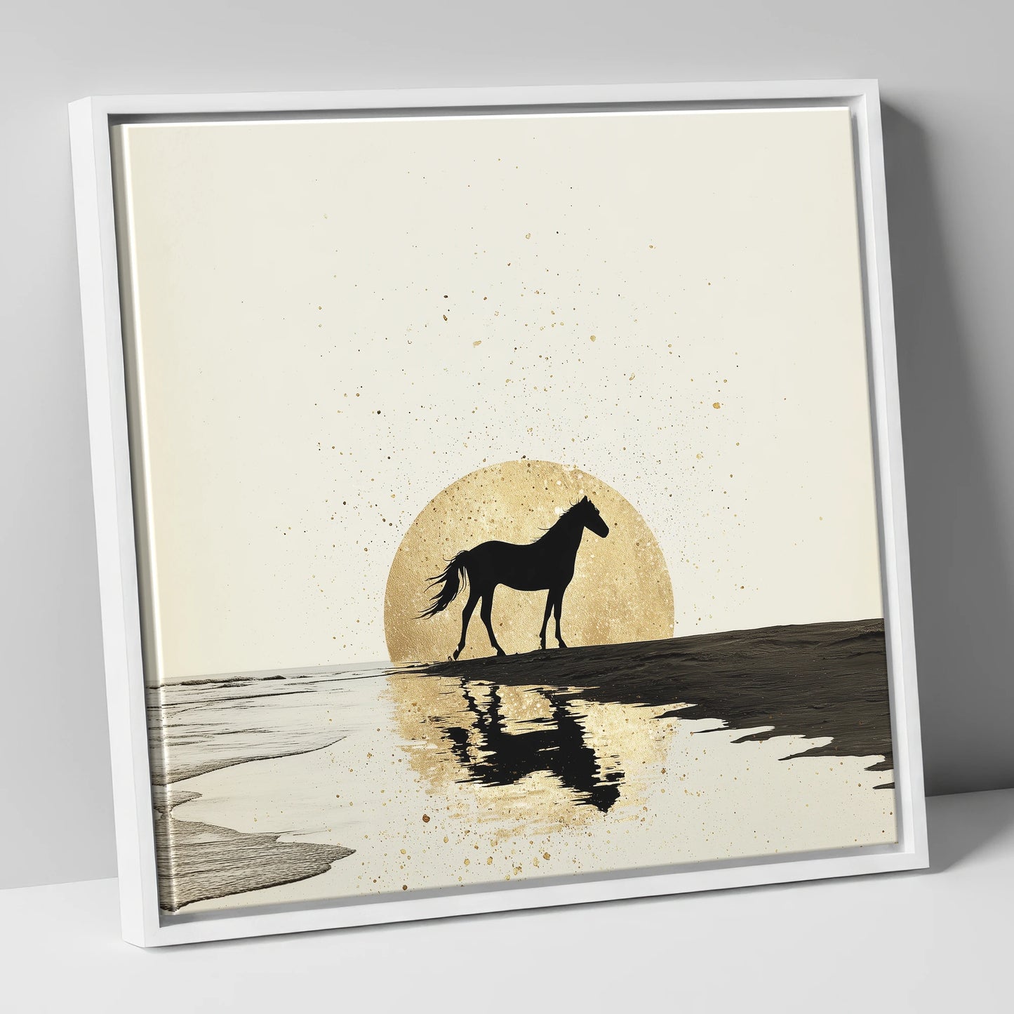 Gilded Shoreline Solitude horse landscape canvas wall art in white frame