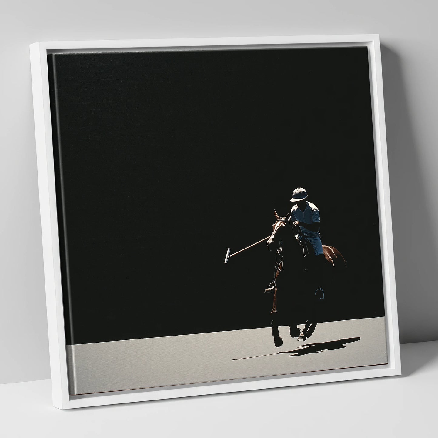 Shadows of the Chukka polo horse canvas wall art in white frame