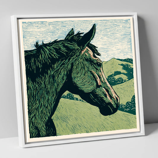 Verdant Valley Gaze horse portrait canvas wall art in white frame