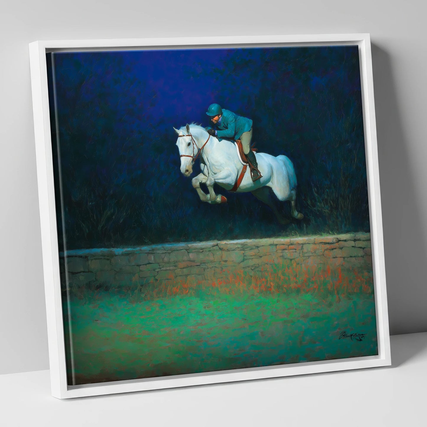 Moonlit Flight show jumping horse canvas wall art in white frame
