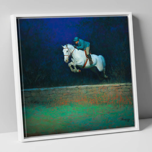 Moonlit Flight show jumping horse canvas wall art in white frame