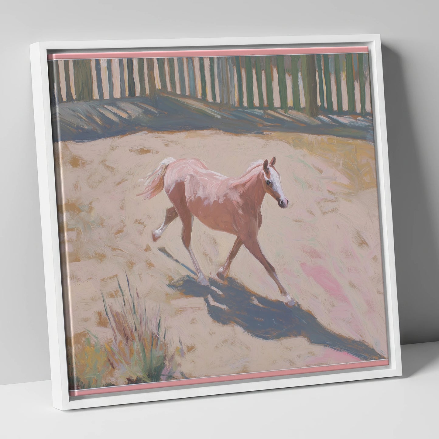 Sunlit Arena Stride horse breed canvas wall art in white frame