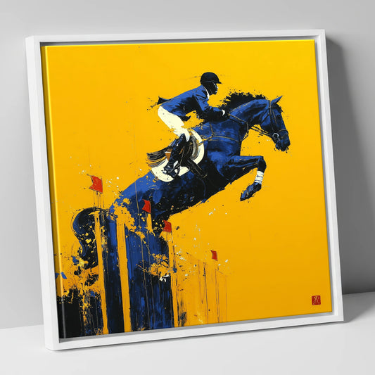 Indigo Ascent show jumping horse canvas wall art in white frame