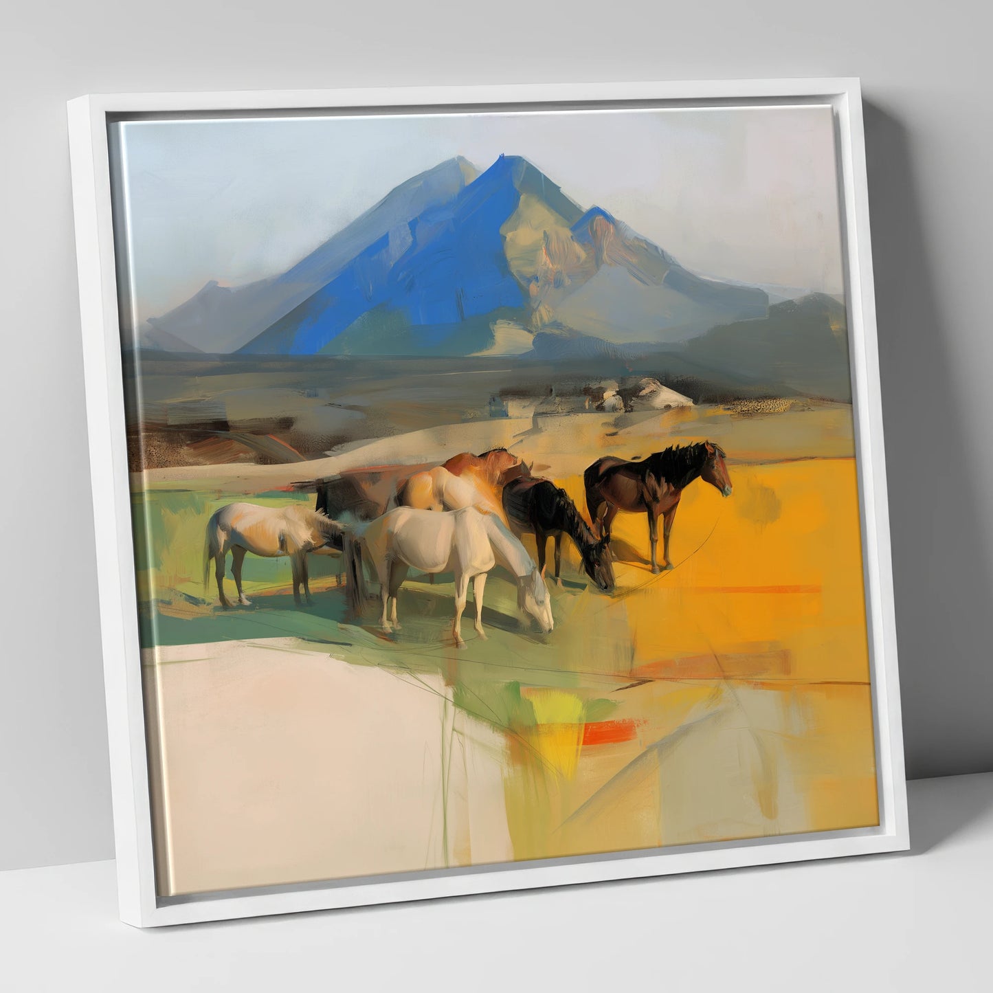 Grazing Beneath Cerulean Peaks horse landscape canvas wall art in white frame