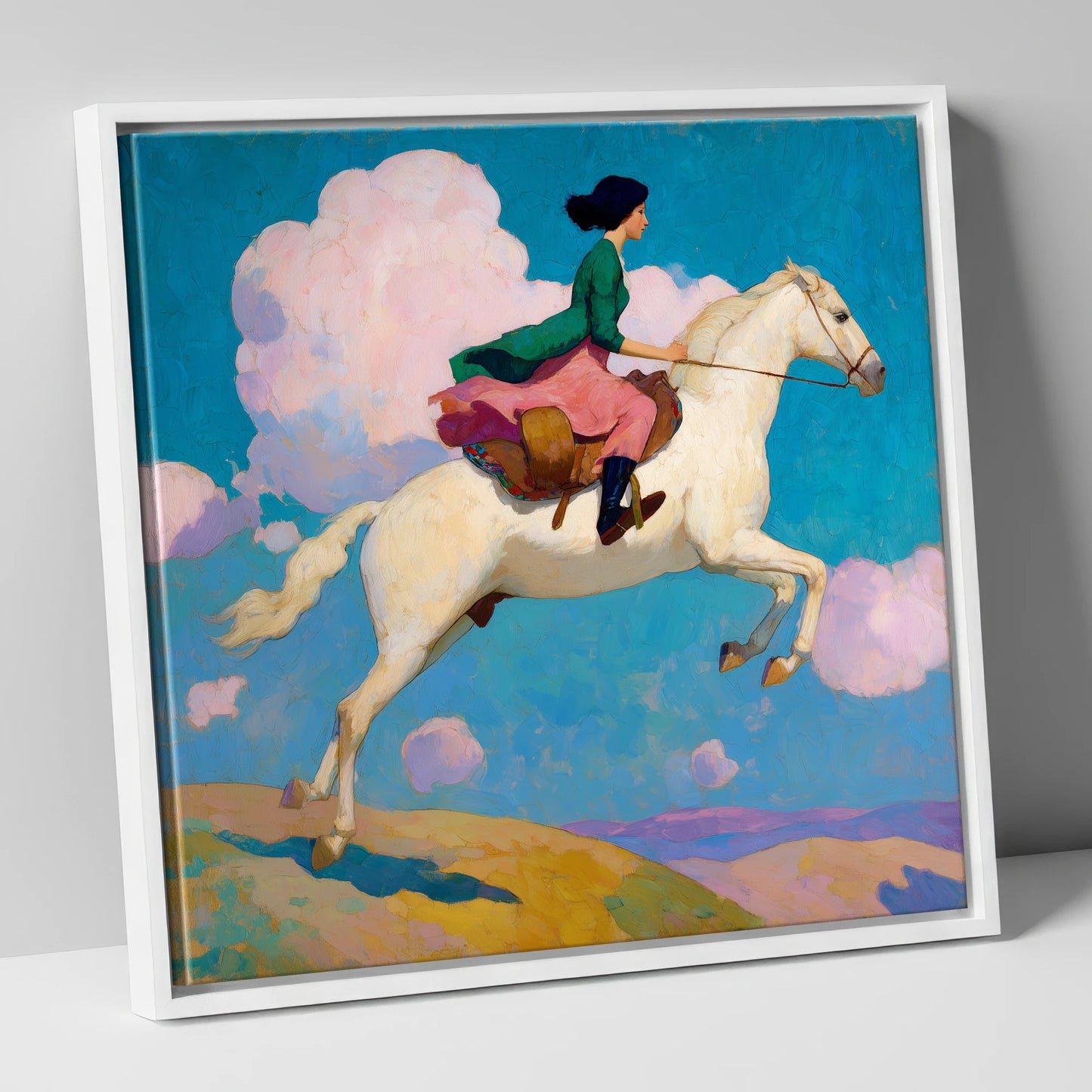 Skyward Bound show jumping horse canvas wall art in white frame