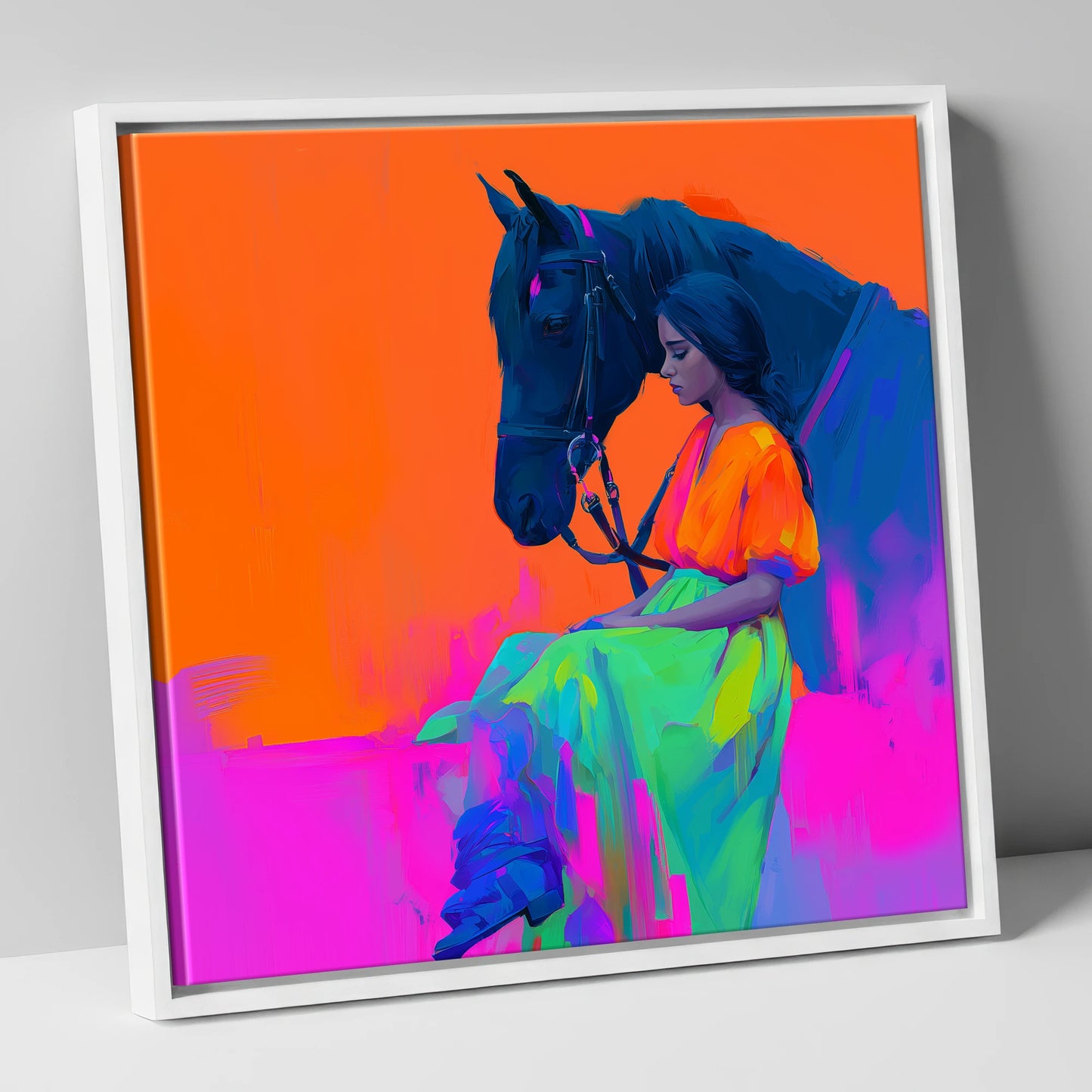 Vivid Connection horse & rider canvas wall art in white frame