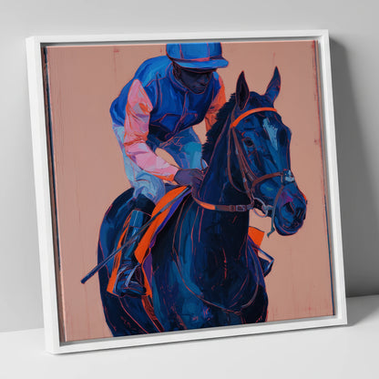 The Indigo Favourite racing horse canvas wall art in white frame