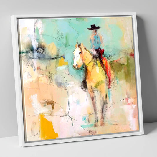Painted Western Silhouette western horse canvas wall art in white frame