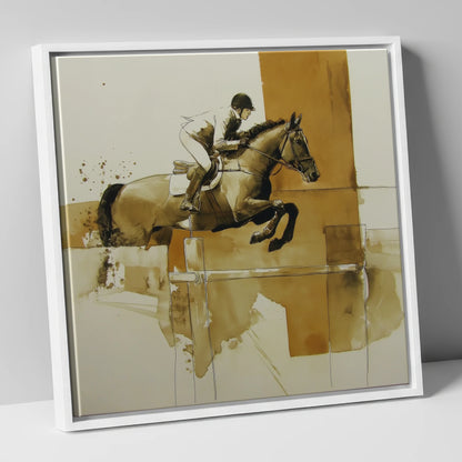 Airborne in Sepia show jumping horse canvas wall art in white frame