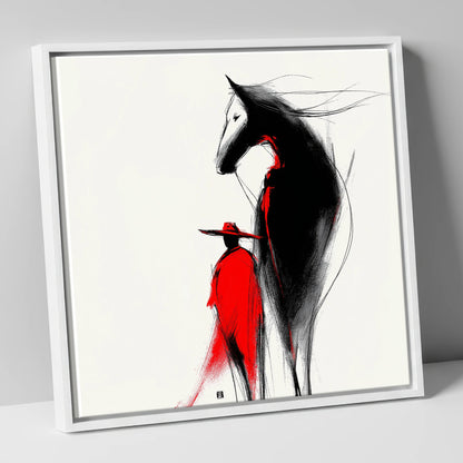 Crimson Rider Silhouette western horse canvas wall art in white frame