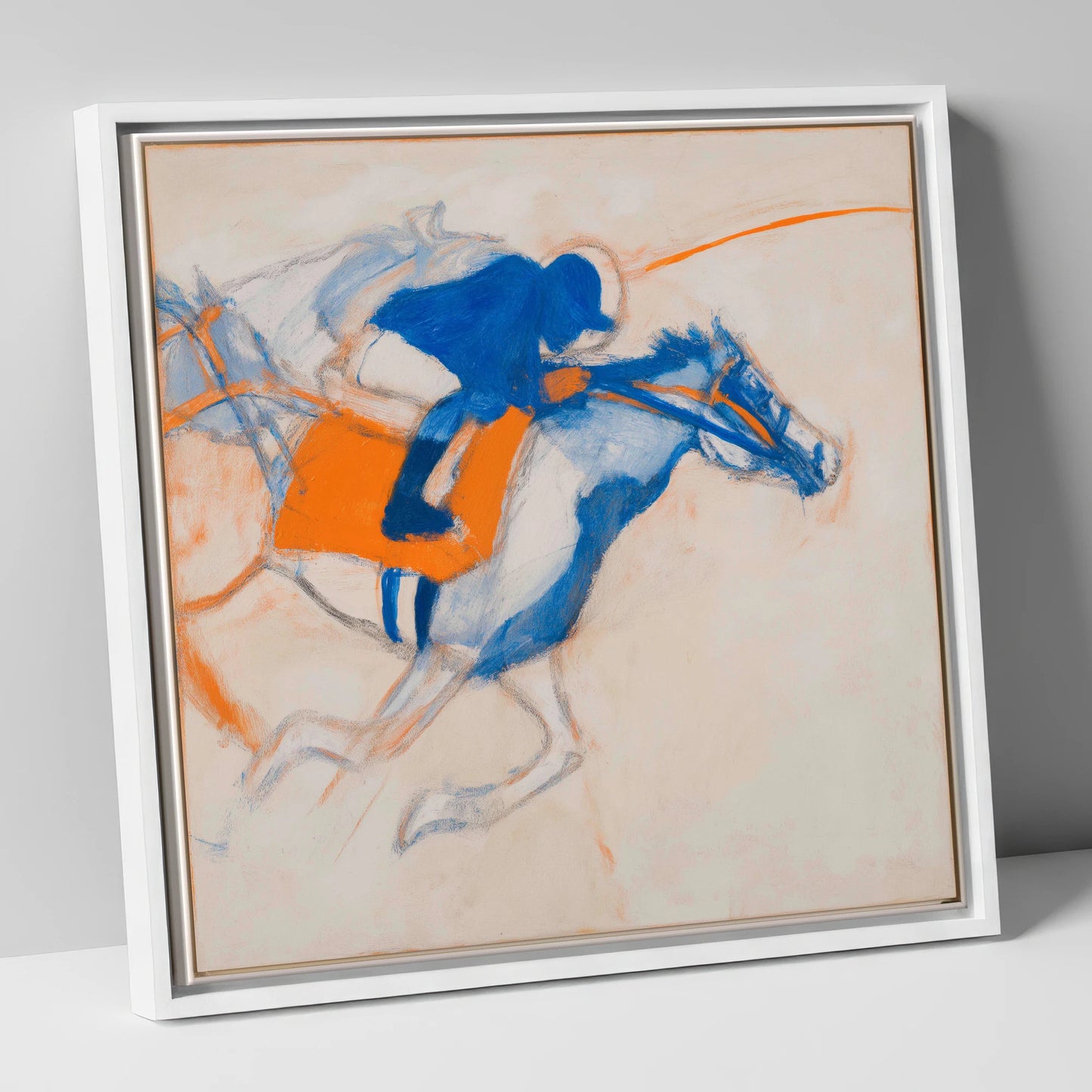 Gallop in Blue racing horse canvas wall art in white frame