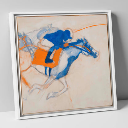 Gallop in Blue racing horse canvas wall art in white frame