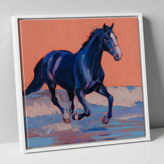 Vibrant Indigo Surf beach horse canvas wall art in white frame